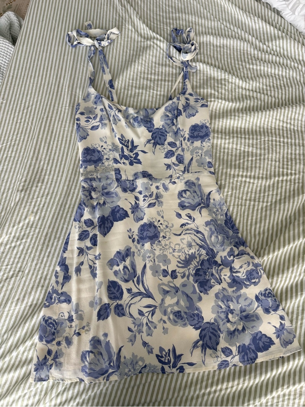 Reformation Blue and White Floral Tie-Shoulder Mini Dress